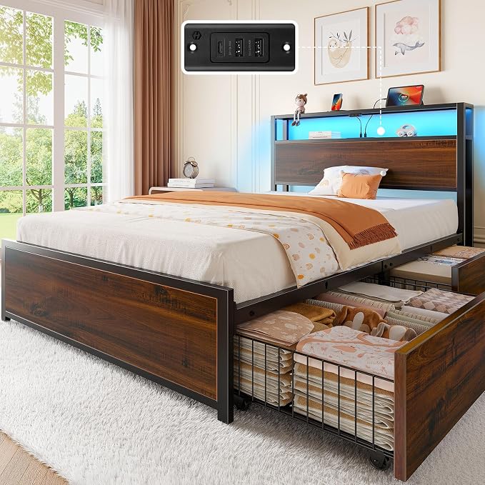 Rolanstar Twin Bed Frame with 4 Storage Drawers, Charging Station and LED Lights