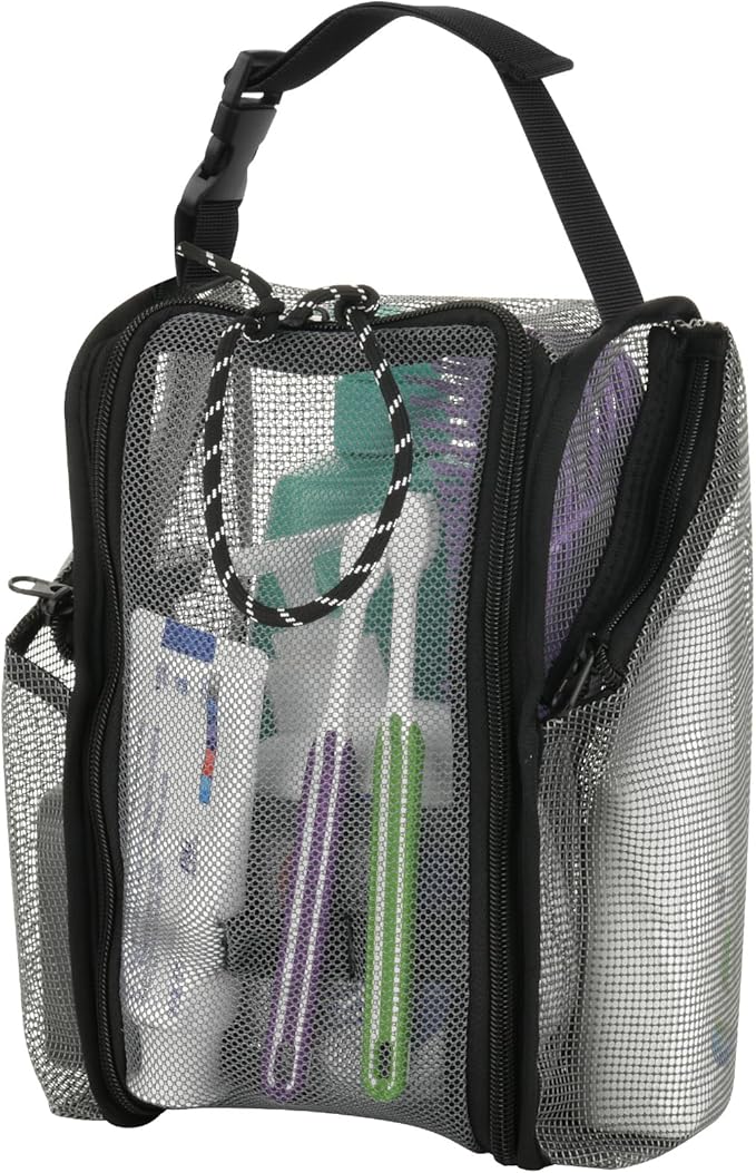 Cosmos Mesh Shower Caddy Toiletry Organizer Hanging Shower Tote Bag, Quick Dry Shower Organizer Portable Bath Bag with Durable Zippers & Side Pockets for Travel Gym Swimming Beach & Camp (Gray)