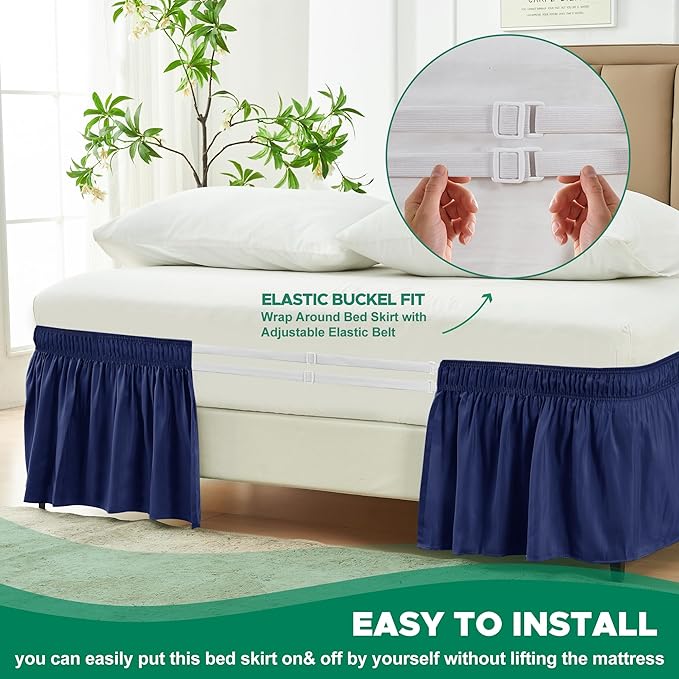 Biscaynebay Wrap Around Bed Skirts for Queen Size Beds 18" Drop, Navy Adjustable Elastic Dust Ruffles Easy Fit Wrinkle Resistant Silky Luxurious Fabric Machine Washable