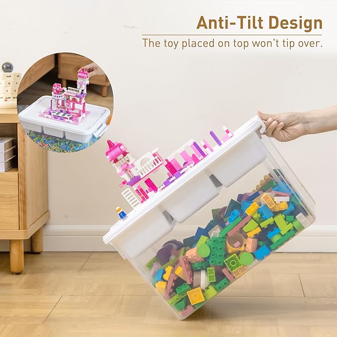 Citylife Toy Storage Box, 17 QT Building Brick Organizer with Buildable Baseplate Lid and Removable Trays, Kids Block Organizer for Playroom and Art Supplies, 2 Pack