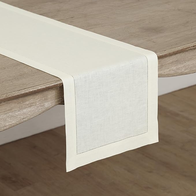Solino Home Linen Ivory Table Runner 144 Inches Long - 100% Pure Linen Extra Long Table Runner 14 x 144 Inch for Christmas, New Year - Classic Hemstitch