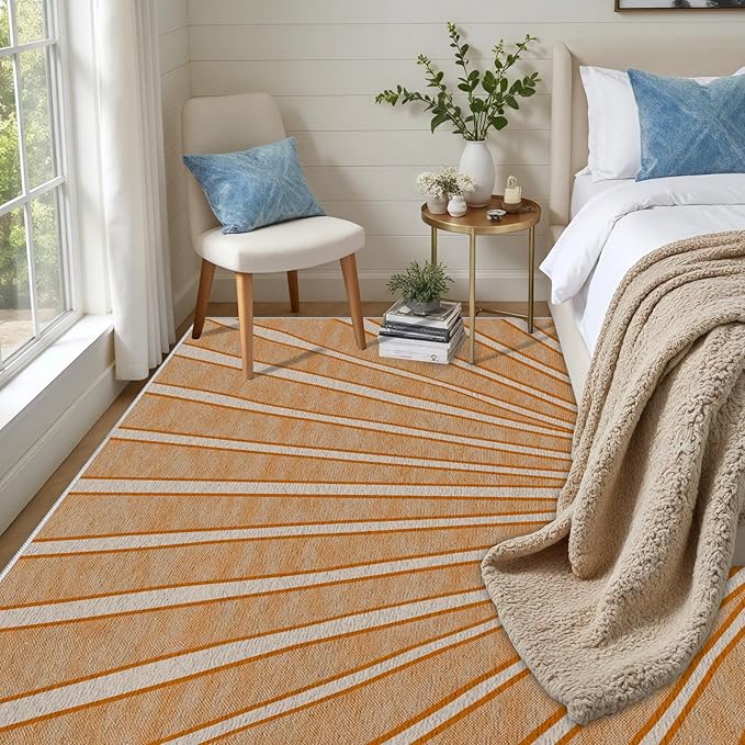 Boho Sun Print Area Rug for Living Room 4x6, Modern Abstract Non-Slip Washable Rugs, Soft Stripe Minimalism Carpet for Bedroom, Nursery, Entryway, Dining Room & Office Decor, Orange White