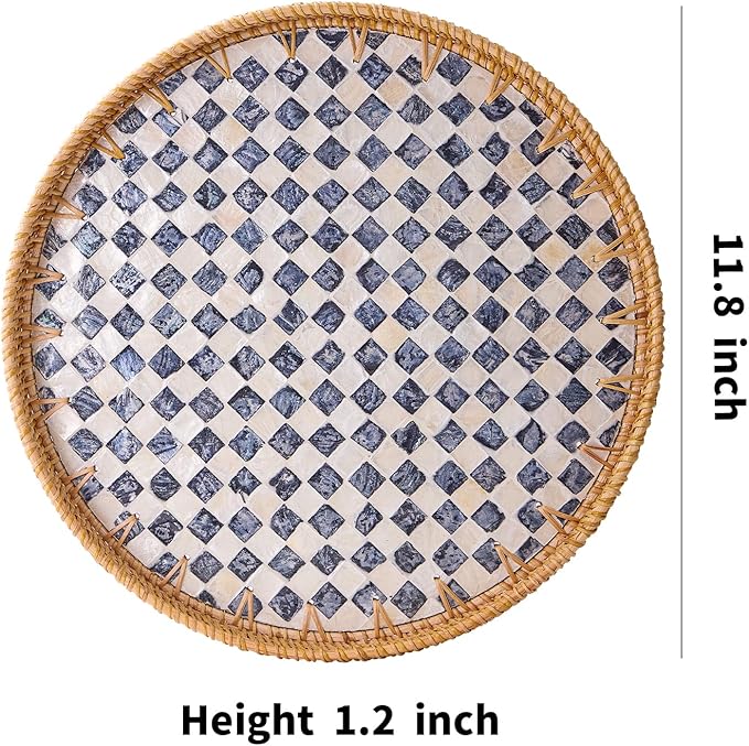 Round Rattan Tray with Mother of Pearl Inlay, Rattan Serving Tray with Wooden Base, Decorative Wicker Basket for Table Decor, Storage and Display of Coffee Bread Food Fruit (Checkerboard 11.8")