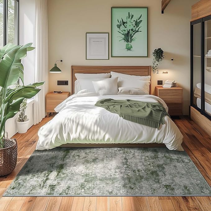 jinchan Washable Area Rug 6x9 for Living Room - Soft Faux Wool Ultra-Thin Stain Resistant Non-Slip Distressed Vintage Floral Rug Large Carpet for Bedroom,Dining Room,Home Office,Nursery(Green, 6'x9')