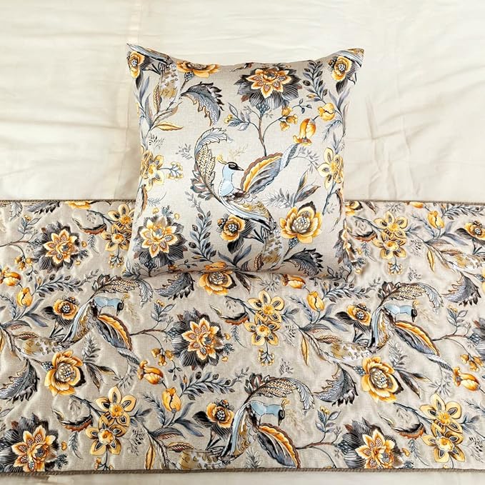 The HomeCentric King/Queen/Twin Grey & Yellow Decorative Full 68"x18" Bed Runner Without Pillow Cover, Peacock, Quilted & Tassels Bed Scarf on Satin Fabric - Peacock Swag