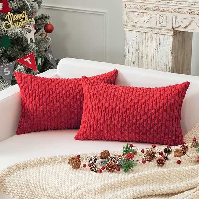 Kevin Textile 12x20 Inch Pillow Cover 1 Pack Boho Christmas Decorative Soft Striped Corduroy Lumbar Farmhouse Color Accent Rectangle Cushion Case for Living Room Couch Sofa Bed, Red