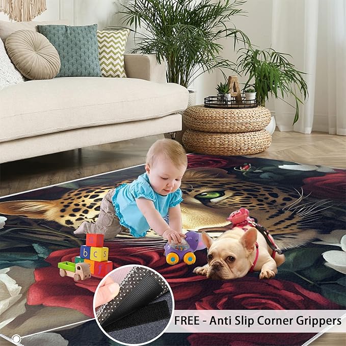 Leopard Rugs for Bedroom - 4x5 Area Rug - Flowers Leopard Rugs for Living Room, 3D Flowers Animal Rug, Washable Home Decor Carpet