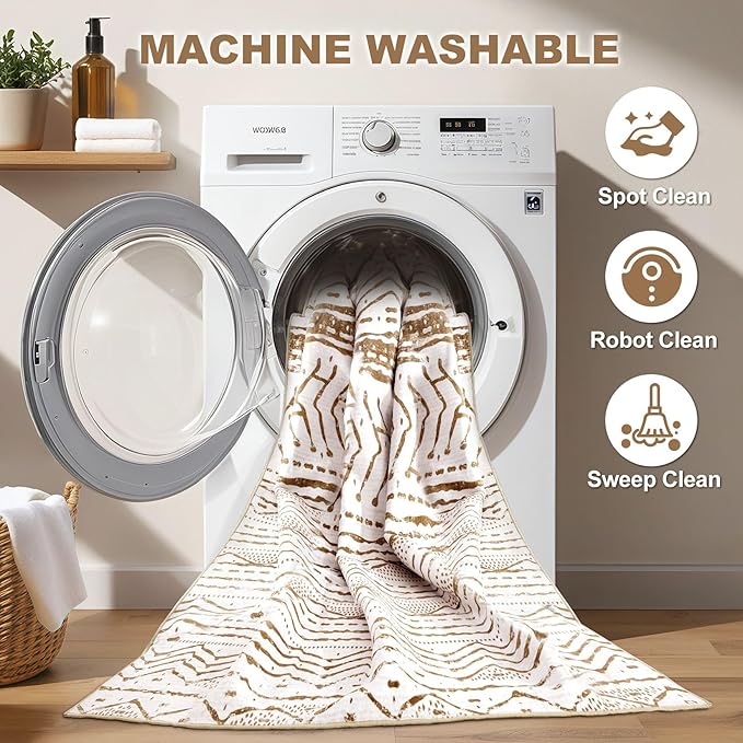 Nakagishi Area Rug Living Room Rugs: 5x7 Machine Washable Boho Large Neutral Farmhouse Stain Resistant Moroccan Indoor Carpet for Bedroom Nursery Dorm Classroom Playroom Dining Room House-Brown White