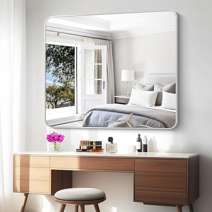 BONEWEI Silver Bathroom Mirror,40x48 inch Wall Mirror for Bathroom Wall Mounted,Rectangle Mirror for Bathroom Over Sink,Modern Frame Round Corner for Living Room,Bedroom Entryway,Horizontal/Vertical