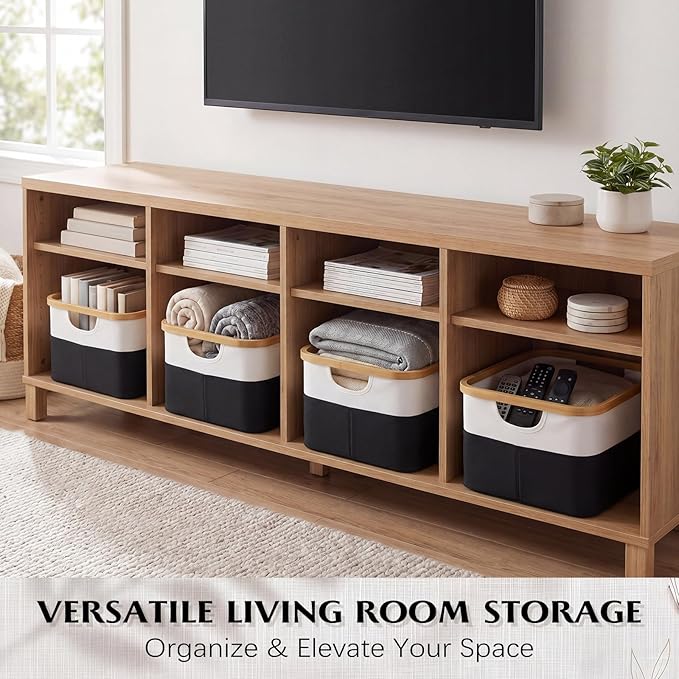 Hushee 4 Pack Bamboo Fabric Storage Bins for Shelves, 15"x10"x7.9" Collapsible Storage Baskets for Organizing, Two-Tone Foldable Bins for Clothes, Towels, Linens(White and Black)
