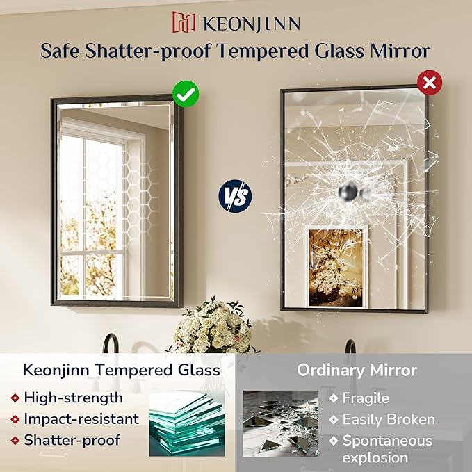 Keonjinn 30" x 36" Black Bathroom Vanity Mirror, Brushed Black Mirrors for Over Sink, Beveled Edge Tempered Glass, Aluminum Alloy Frame, Anti-Rust, Classic Rectangular Wall Mirror for Bedroom, Hallway