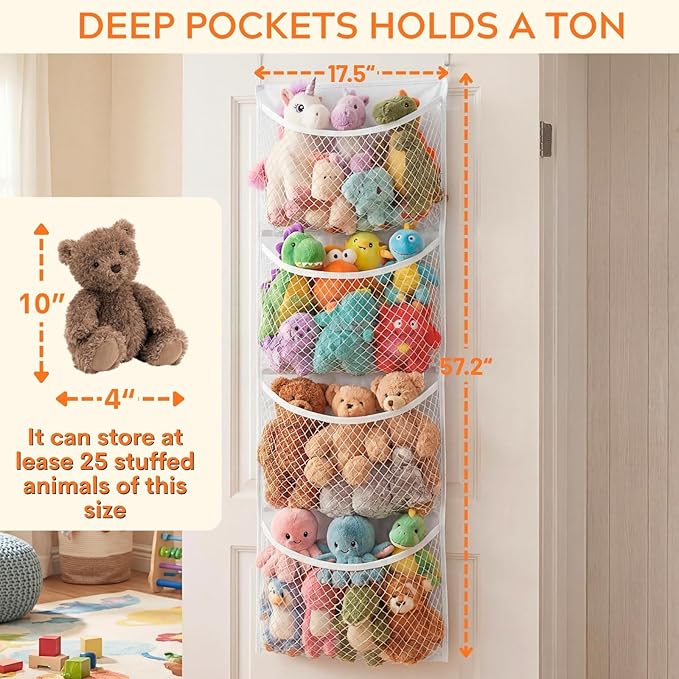 Ofiray-home Over The Door Stuffed Animal Storage, Cotton Toy Organizer for Storage Plush Toys, Stuffed Animal Holder with 4 Large Pockets, Hanging Door Organizer for Nursery, Bedroom (White)