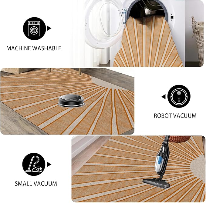 Boho Sun Print Area Rug for Living Room 4x6, Modern Abstract Non-Slip Washable Rugs, Soft Stripe Minimalism Carpet for Bedroom, Nursery, Entryway, Dining Room & Office Decor, Orange White