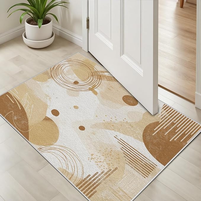 Minimalist Abstract Area Rug 6x9 Beige Boho, Modern Washable Geometric Art Carpet, Soft Non-Slip Low-Pile Carpet for Living Room, Bedroom, Kitchen, Dining Room, Pet Friendly, Non-Shedding, Brown