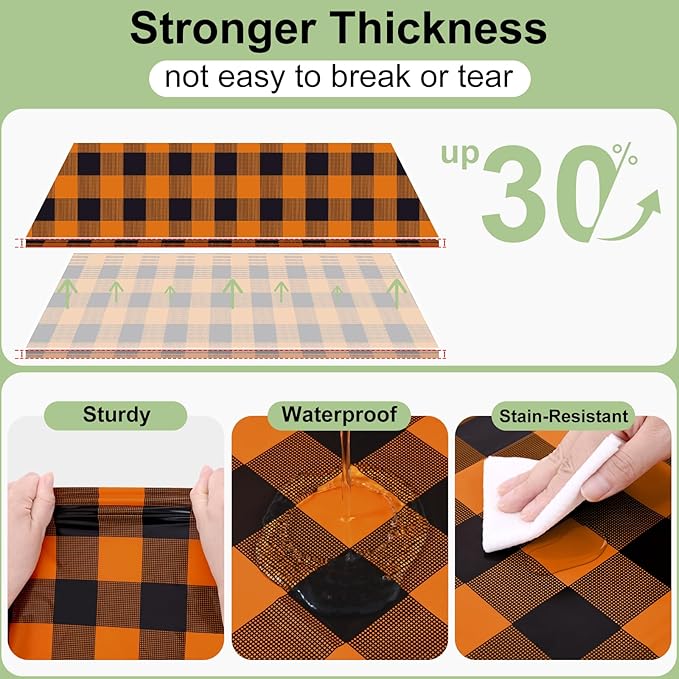 Smiry 6 Pack Gingham Disposable Table Cloth, 54 x 108 Inch Waterproof Plastic Tablecloth, Rectangle Black and Orange Checkered Table Covers for Picnic, Birthday, Party