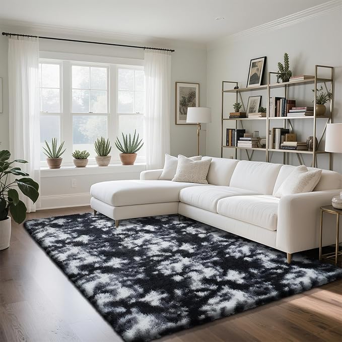 Fluffy Rug Shaggy Area Rug, Mottling Black 5x8 Area Rugs for Bedroom, Small Bedside Rug, Soft Fluffy Shaggy Entryway Throw Rugs for Living Room Bedroom Kids Room Home Decor