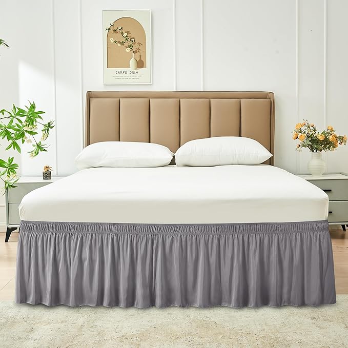 Biscaynebay Wrap Around Bed Skirts for Full & Full XL Beds 22" Long Drop, Silver Grey Adjustable Elastic Dust Ruffles Easy Fit Wrinkle Resistant Silky Luxurious Fabric Machine Washable