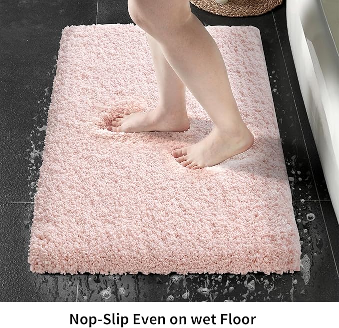 Small Bathroom Rug 17x24 Non Slip Pink Fluffy Bath Mat for Bathroom Floor Washable Plush Luxury Bath Rug for Tub Soft Shaggy Absorbent Shower Mat