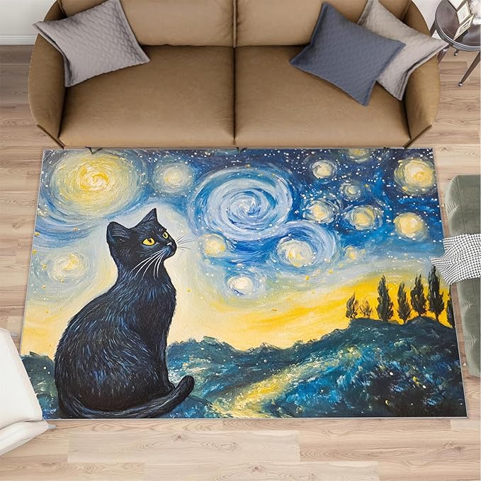 Black Cat Rugs for Bedroom - 2x3 Area Rug - Starry Sky Countryside Rugs for Living Room, Vintage Oil Painting Art Rug, Washable Home Decor Carpet