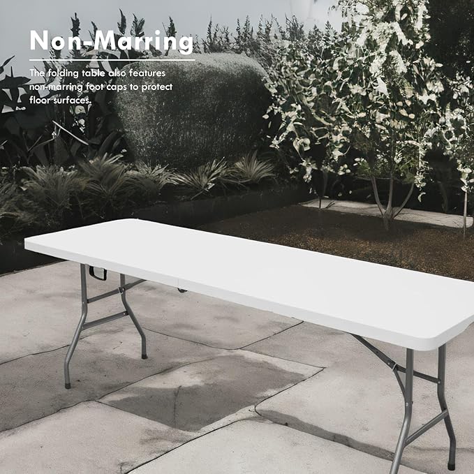 6ft Folding Table,Sturdy Outdoor Folding Table,Perfect for Camping Picnics Parties Foldable Table with Easy Setup Ideal Portable Table for Indoor & Outdoor Use (White, 6 Foot)