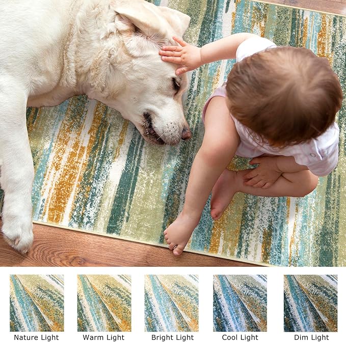 Modern Abstract Runner Rug 2.6x14, Green Mustard Multi Washable Long Kitchen Runner Non-Slip Soft Hallway Rug Runner Thin Print Faux Wool Carpet for Entryway Bedroom Laundry Room Indoor