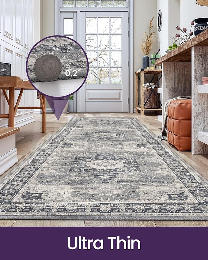 DEXI Hallway Runner Rug 3x8, Distressed Non Slip Runners Carpet, Boho Vintage Soft Thin Indoor Rug, Stain Resistant Washable Entry Mat for Entryway Kitchen Laundry Room Living Room, Blue Grey