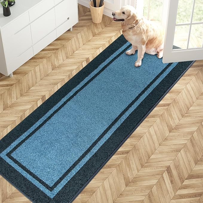 PURRUGS Dirt Trapping Door Mat 24" x 70", Non-Slip/Skid Machine Washable Entryway Rug, Shoes Scraper, Area Rug, Super Absorbent Welcome Mat for Muddy Wet Shoes and Paws, Light Blue & Navy