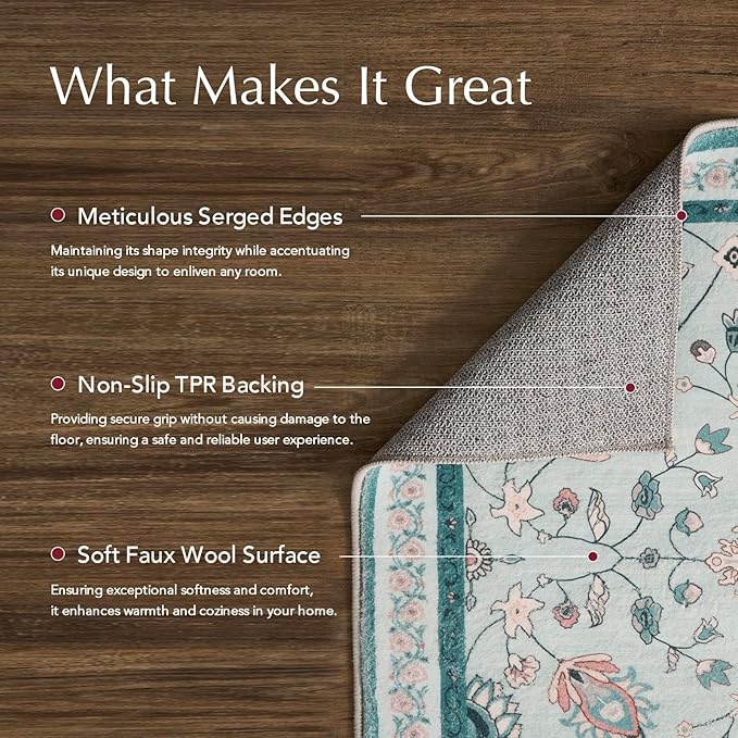 EVERGRACE Area Rugs for Living Room 5x7, Boho Floral Faux Wool Indoor Outdoor Rugs, Washable Rugs for Bedroom Dining Room Entryway Kitchen, Low Pile Floor Mat Carpet for Home Decor, Pale Blue