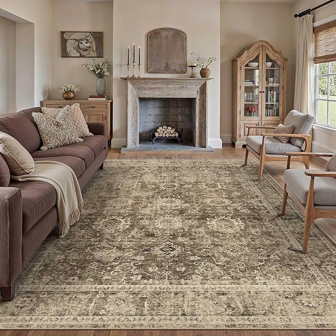 10x14 Brown Vintage Area Rug for Living Room Bedroom Large Distressed Rustic Carpet Non-Slip Low Pile Lightweight Vacuumable Soft Washable Throw Rug for Indoor Dining Room