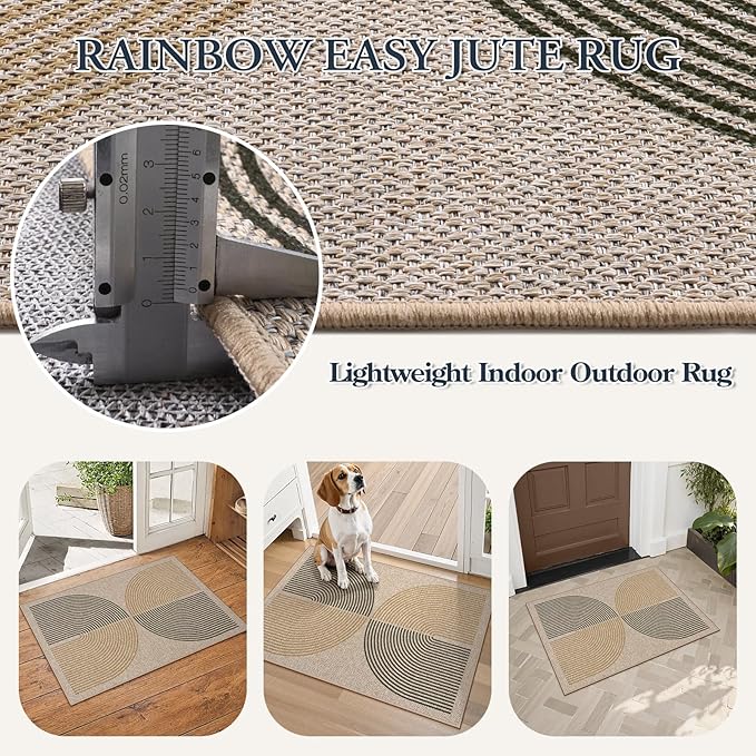 Lahome Rainbow 20"x32" Door Mat Indoor Entrance, Small Indoor Outdoor Door Easy Jute Rug, Farmhouse Neutral Non Slip Non Shedding Washable Kitchen Mats for Floor Entryway