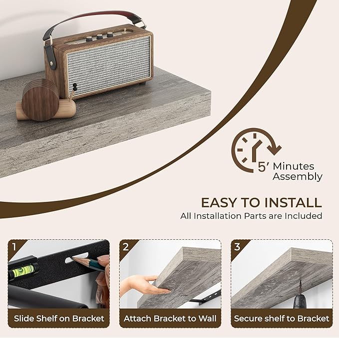 RICHFOCUS 55Inch Floating Shelves for Wall 2 Pack Shelves for Bedroom|Kitchen|Bathroom Wall Mounted Rustic Wood Floating Shelf with Invisible Brackets for Books|Storage|Decor, Grey