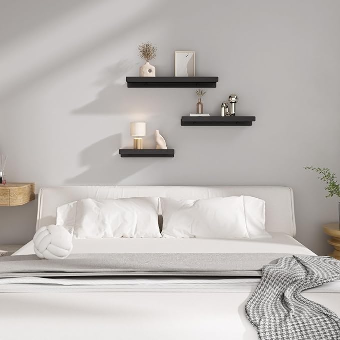 Small Shelves for Wall, Metal Floating Shelves Wall Mounted with Lip for Storage No Wobble, Heavy Duty Wall Shelves for Bathroom/Kitchen/Bedroom/Small Spaces, Black 16 inch 2 Pack