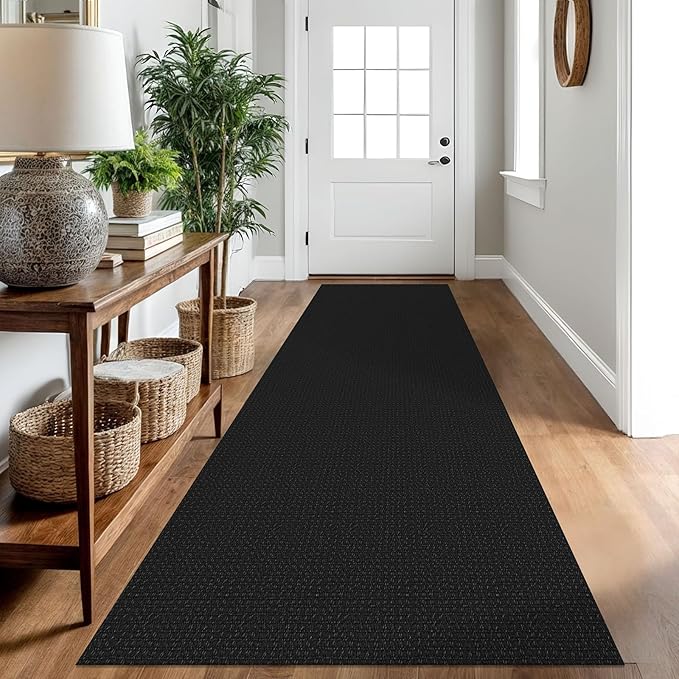 IOHOUZE Washable Runner Rug 2.6x10 Non Slip Rubber Backed Long Hallway Runner Entryway Runner Indoor, Kitchen Rugs Woven Cotton Floor Carpet for Hall Entrance, Black/Grey