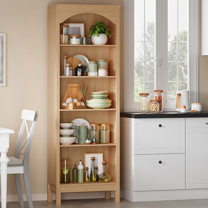 Arched Set of 2 Bookshelf with 5 Tier Open Shelves, Living Room, Natural Oak
