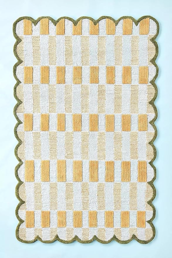 Hand-Tufted Wool Rug with Scalloped Edges, Light Blue Plaid Pattern, Cozy Soft Area Rug for Living Room, Bedroom, and Nursery, Handmade Modern Accent Rug (Blue, 6X8 FEET)