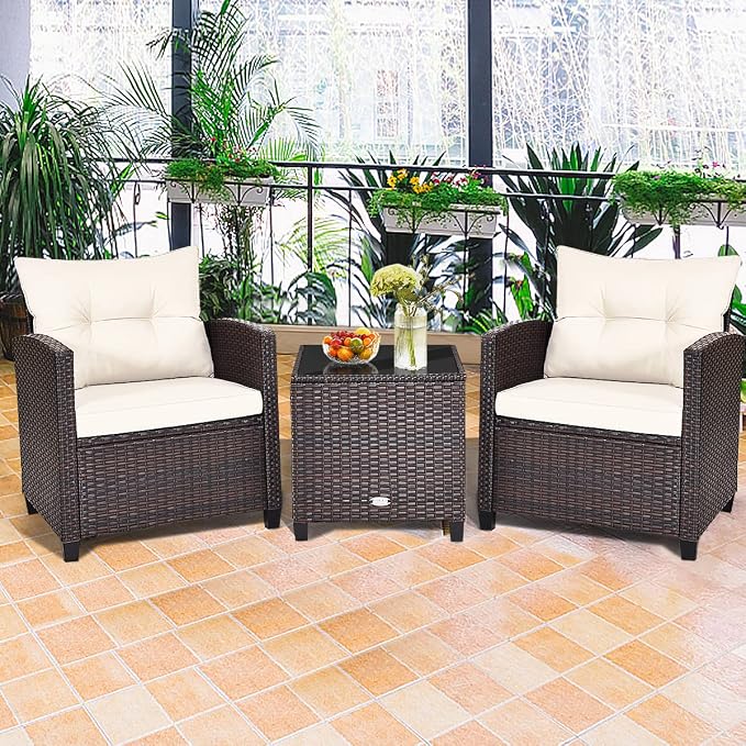 COSTWAY 3PCS Patio Furniture Set, PE Rattan Wicker Sofa w/Washable Cushion and
