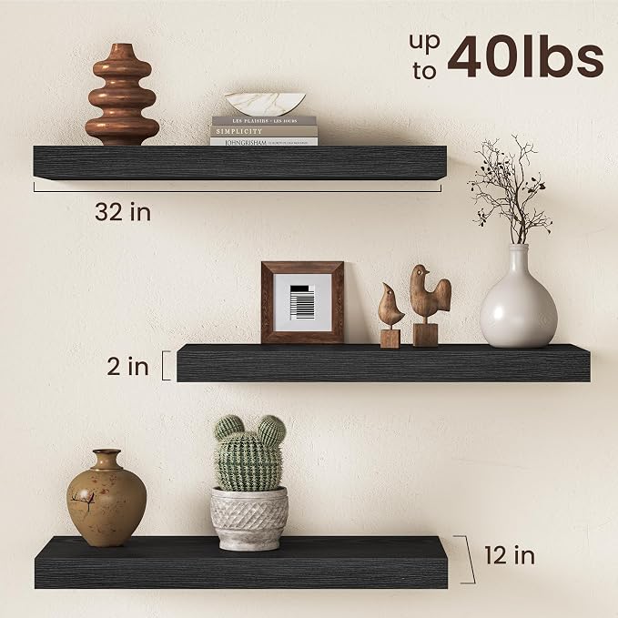 32Inch Black Floating Shelves for Wall, 12 Inch Deep Shelves for Bedroom