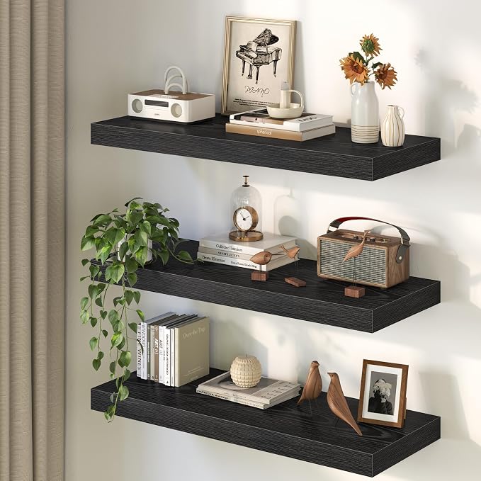 32Inch Black Floating Shelves for Wall, 12 Inch Deep Shelves for Bedroom