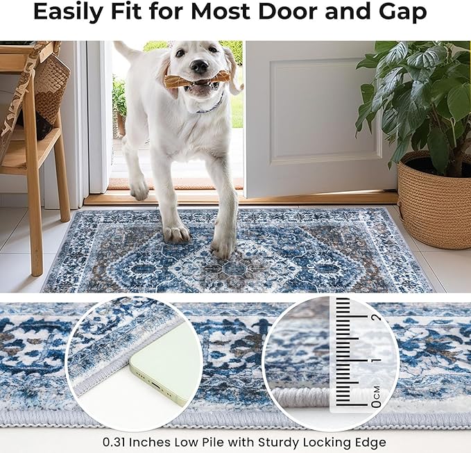 KOZYFLY Boho Area Rug 8x10 Ft Thin Rugs for Living Room Washable Bedroom Rug Non Slip Rugs for Living Room Blue Printed Faux Wool Vintage Bedroom Rug Floor Carpet for Dining Room