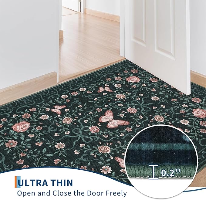 GarveeHome Washable Floral Area Rug 5x7 for Living Room Non Slip Bedroom Rug Soft Stain Resistant Large Dining Room Throw Carpet Low Pile Black Bow Rugs Butterfly Flower Carpet for Nursery Entry, 5x7