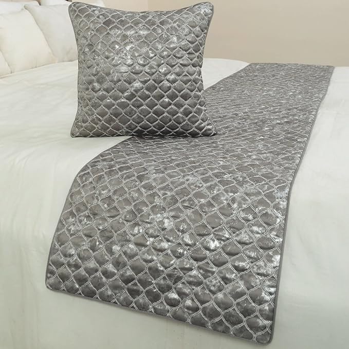 The HomeCentric King/Queen/Twin Grey & Silver Designer King 90"x18" Bed Runner Without Pillow Cover, Quilted, Foil & Trellis Bed Scarf on Silk Fabric - Jumanah