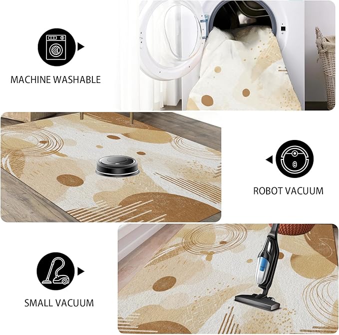 Minimalist Abstract Area Rug 6x8 Beige Boho, Modern Washable Geometric Art Carpet, Soft Non-Slip Low-Pile Carpet for Living Room, Bedroom, Kitchen, Dining Room, Pet Friendly, Non-Shedding, Brown