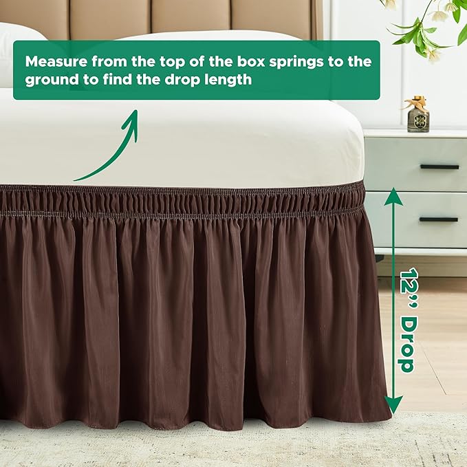Biscaynebay Wrap Around Bed Skirts for Queen Beds with Short Drop of 12", Brown Adjustable Elastic Dust Ruffles Easy Fit Wrinkle Resistant Silky Luxurious Fabric Machine Washable