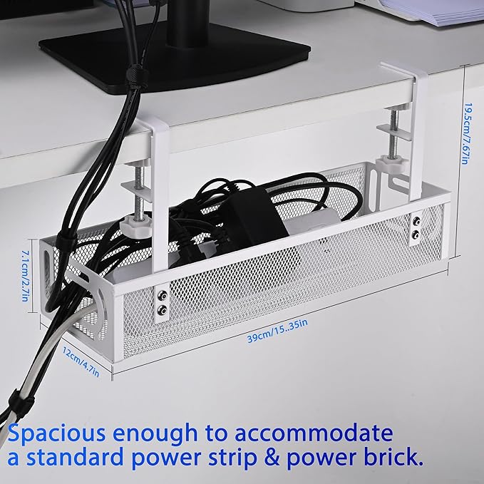 Under Desk Cable Management Tray Small – Clamp-Mounted Wire Organizer & Cord Management Under Desk Holder, No-Drill Metal Cable Tray for Home Office (White)