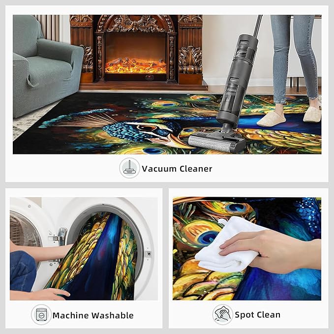Peacock Rugs for Bedroom - 5x8 Area Rug - 3D Peacock Rugs for Living Room, Abstract Watercolor Animal Rug, Non-Slip Washable Home Decor Carpet