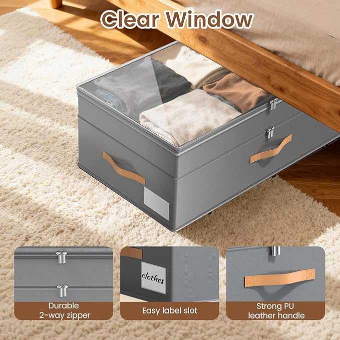 Under Bed Storage with Wheels, 2-Pack Underbed Storage Containers, No Assemble 11 inches 90L XXL Large Adjustable Storage Bins with Clear Lids, Rolling Storage for Clothes, Shoes, Blankets, Gray