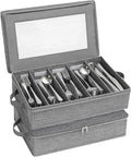 Lifewit Silverware Storage Box, Covered Flatware Organizer with Zipper Lid, 5 Compartment Cutlery Case with Adjustable Divider and Handle, Utensil Container for Spoon Fork Knives, 2 Pack, 27 -43cm