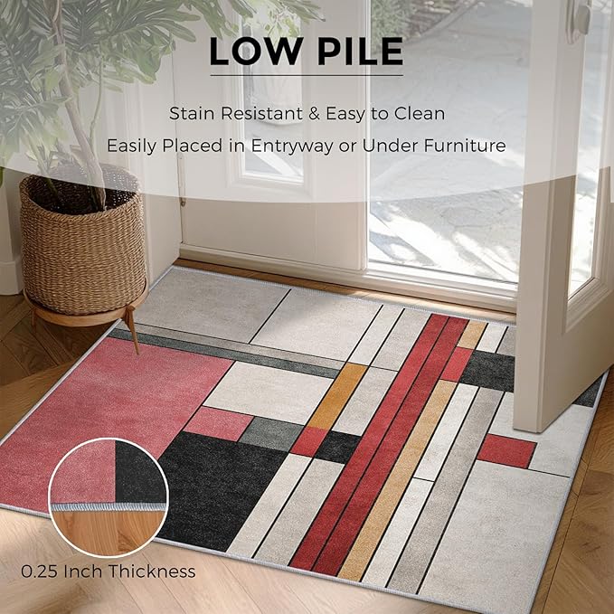 4x6 Abstract Geometric Rugs for Bedroom Decor, Washable Black White Red Geometry Pattern Area Rug, Living Room Home Decoration, Non Slip Soft Thin, Minimalist Modern Decor Carpet PF-P 49