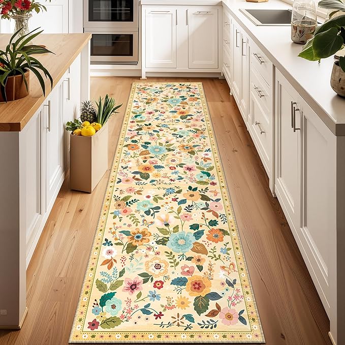 Floral 2x6 Area Rug Machine Washable Soft Print Boho Carpet Non Slip Doormat Low Pile Flower Area Rugs for Living Room Bedroom Nursery Kitchen Dining Room Indoor-Ivory/Yellow