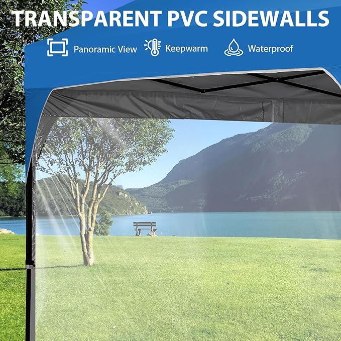 10x10 FT Pop Up Canopy with 4 Clear PVC Sidewalls, Instant 1-Button Push Canopy Tent for Outdoor Activities & Events